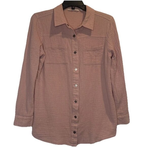Soft Surroundings Women's Dusty Pink Gauzy Snap Front LS Blouse Top Sz M - Picture 1 of 8